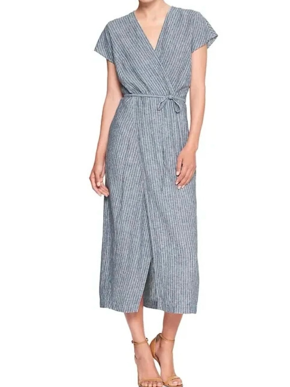 Banana Republic Linen Blend Striped Wrap Midi Dress